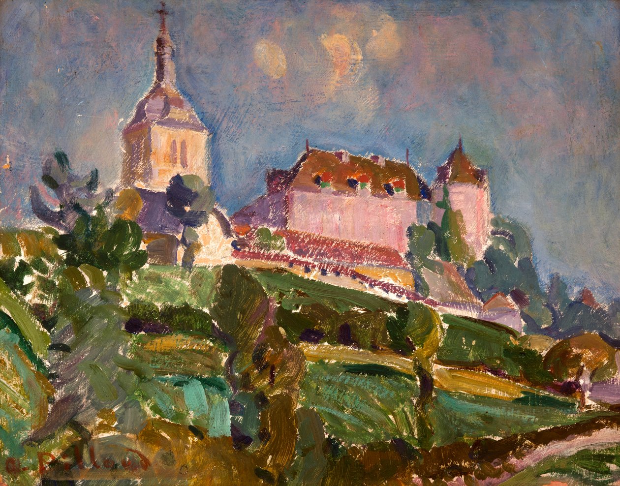 格吕耶尔城堡和教堂的景观，c.1925-30（纸板油画） 作者 伊尼亚斯·纳泽尔·奥斯瓦尔德·皮卢