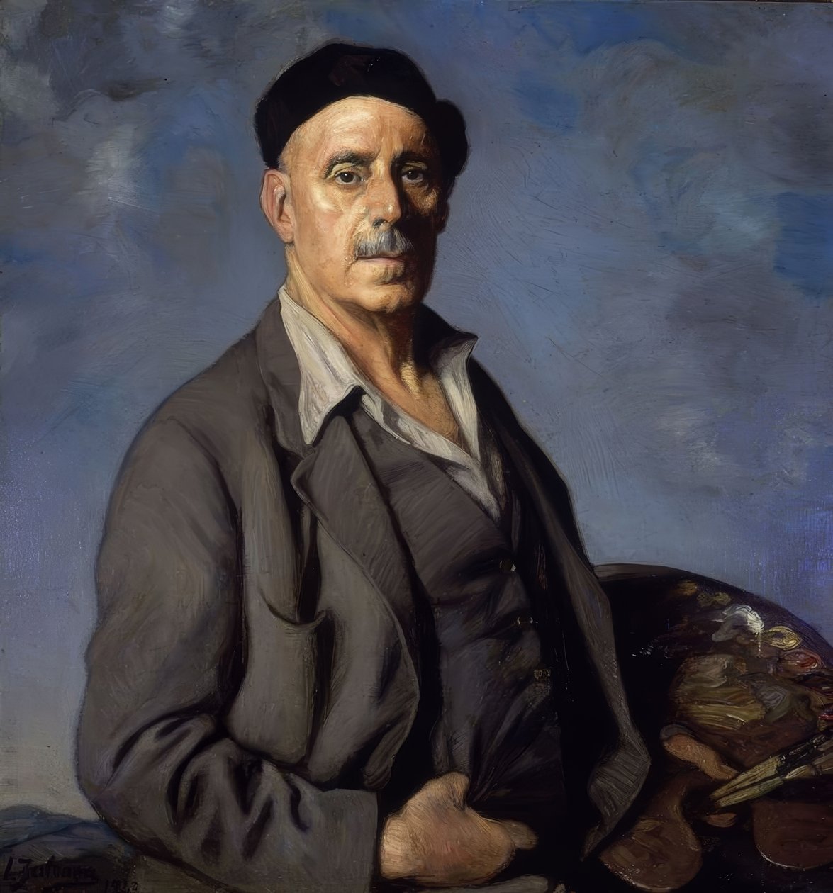 带有蓝色背景的自画像-1942-油橄榄-扁豆-90X85厘米 作者 伊格纳西奥·祖洛加（Ignacio Zuloaga y Zabaleta）