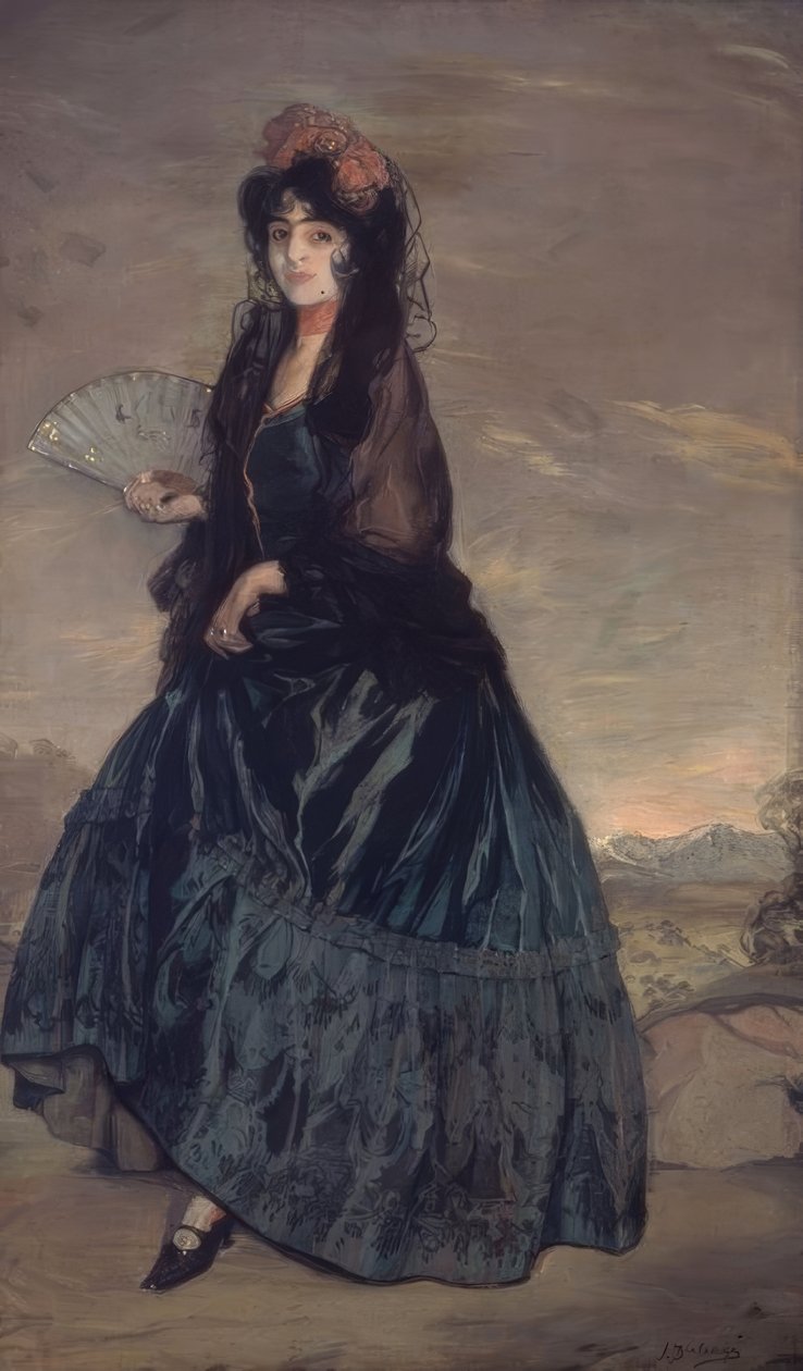带锤子，花和风扇的女人-OLEO LIENZO-199×120.5 CM 作者 伊格纳西奥·祖洛加（Ignacio Zuloaga y Zabaleta）