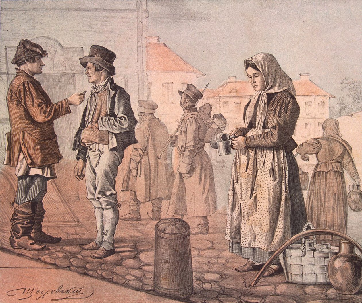 街头卖牛奶的人 来自《这些是我们的人民》系列，1842年 作者 伊格纳蒂·斯捷潘诺维奇·谢德罗夫斯基