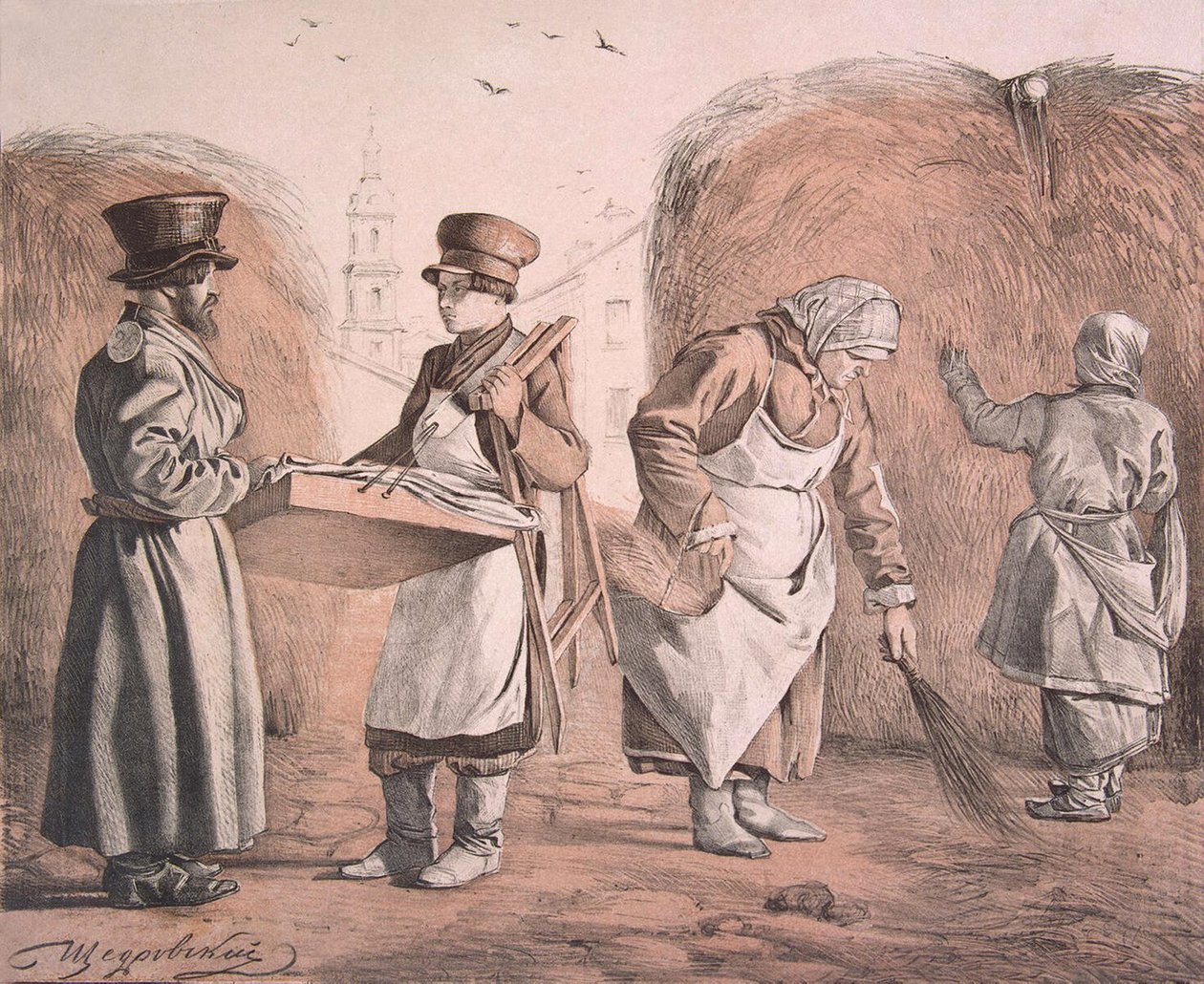 街头卖馅饼的小贩和马车夫 来自《这些是我们的人民》系列，1842年 作者 伊格纳蒂·斯捷潘诺维奇·谢德罗夫斯基