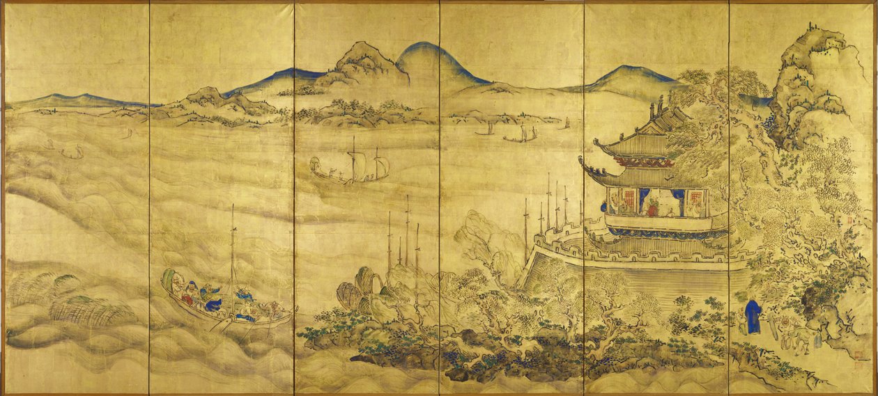 有塔的风景，约 1750 年（纸上金色、墨色和彩色） 作者 池之针