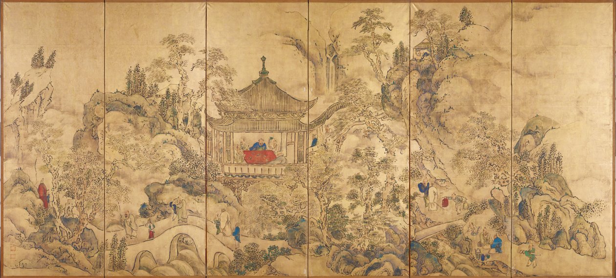 有塔的风景（Roukaku Sansui Zu，有塔的风景）--池之太贺（1723-1776）六扇屏风中的左侧部分，纸上水彩和墨迹，约 1750 年 - 日本十八世纪艺术，东方风景 - 东京国立博物馆 作者 池之针