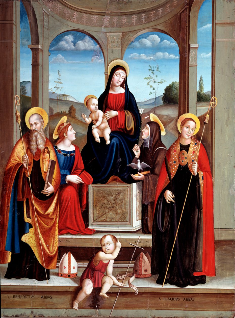 Madonna with the child and Sts Benedict of Nursia, Justine, Placide and Scolastica (oil on wood, c.1515) 作者 法兰西