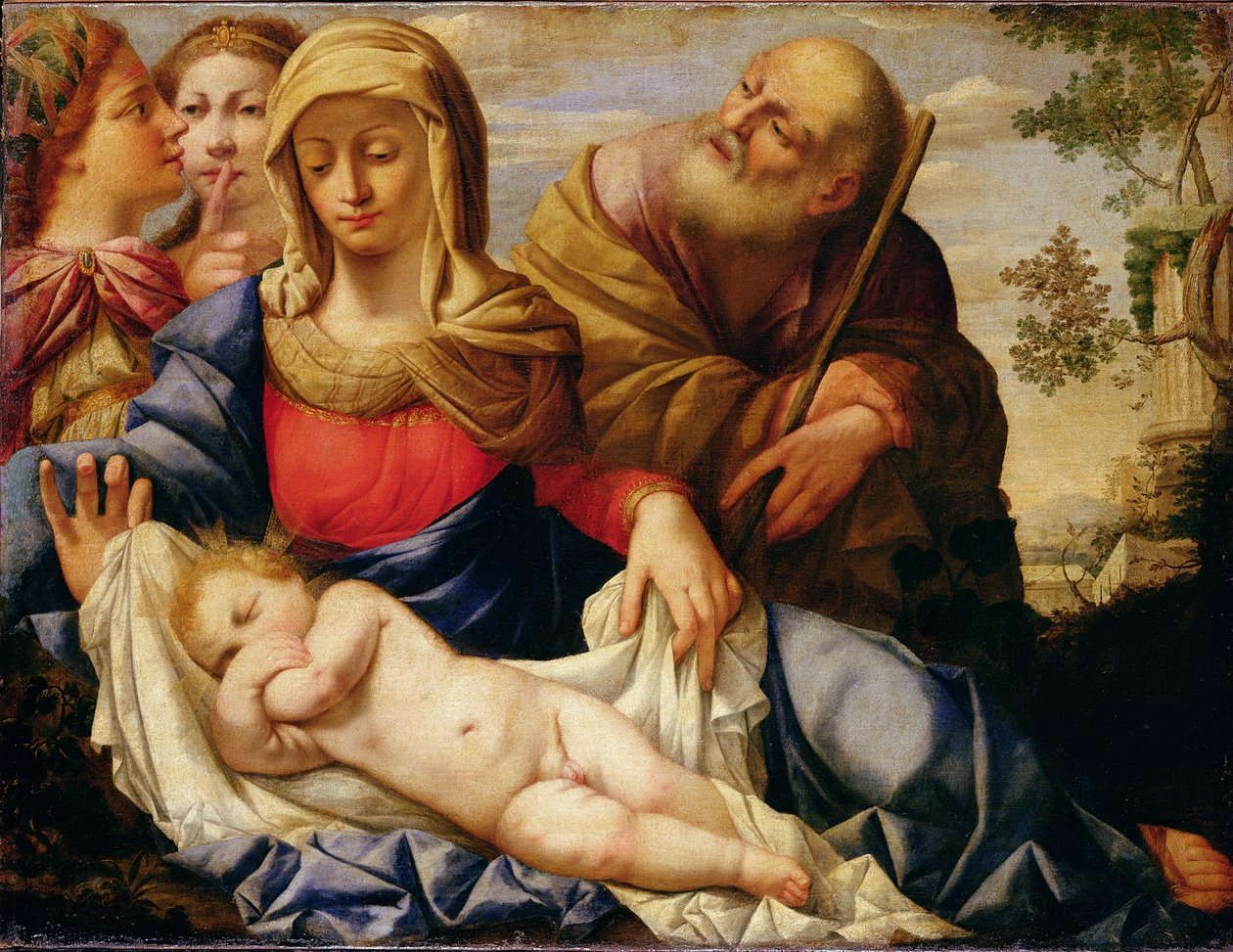 有两个女性人物的神圣家庭，17 世纪中叶（布面油画） 作者 伊尔 (1609-85) 萨索费拉托