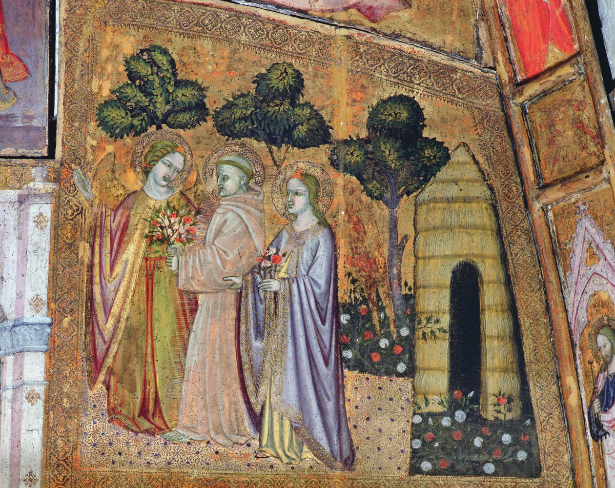 圣弗朗西斯在两个天使的陪伴下，来自Porziuncola的壁画，1393年 作者 Ilario da Viterbo