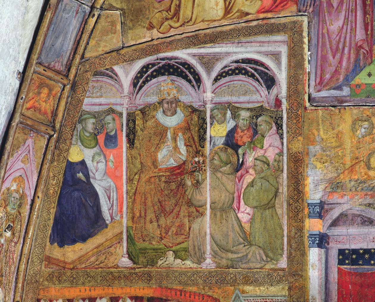 圣弗朗西斯恳求教皇Honorius III确认放纵，壁画来自Porziuncola，1393 作者 Ilario da Viterbo