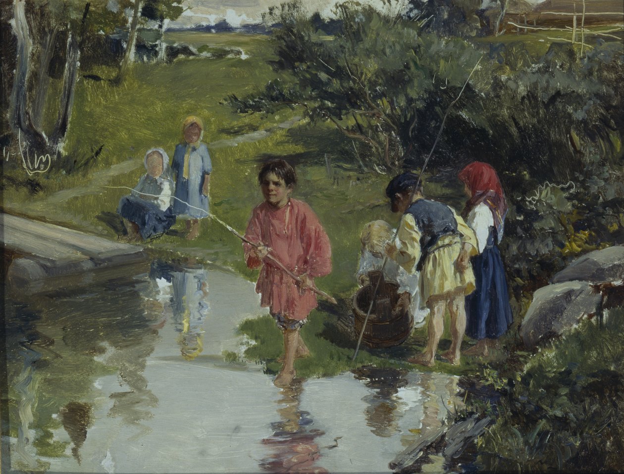 儿童钓鱼，1882年 作者 Illarion Mikhailovich Pryanishnikov