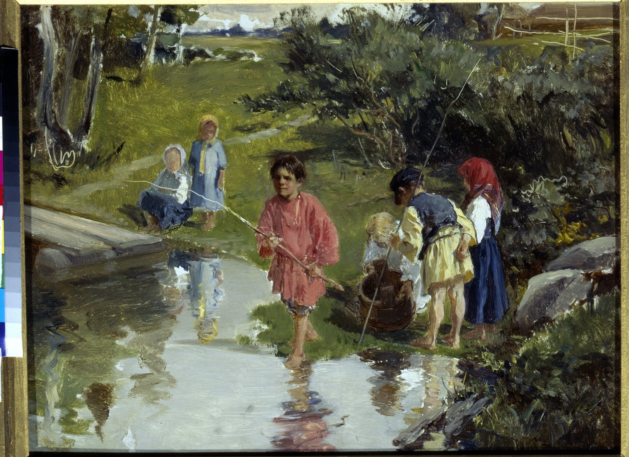 伊拉里昂·米哈伊洛维奇 (Illarion Mikhailovich) 普里亚尼什尼科夫儿童钓鱼 (1840-1894) 作者 Illarion Mikhailovich Pryanishnikov