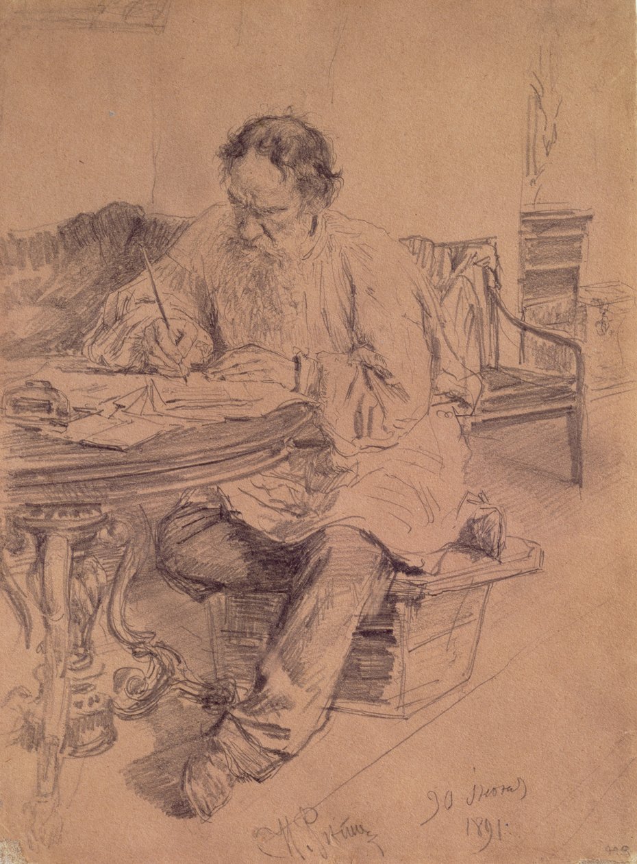 Lev Nikolaevich Tolstoy（1828-1910）在工作，1891年 作者 伊利亚·叶菲莫维奇·列宾
