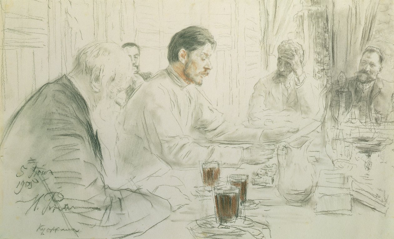 马克西姆高尔基（1868-1936）读他的诗，“太阳之子”，1905年（铅笔和粉笔在纸上） 作者 伊利亚·叶菲莫维奇·列宾