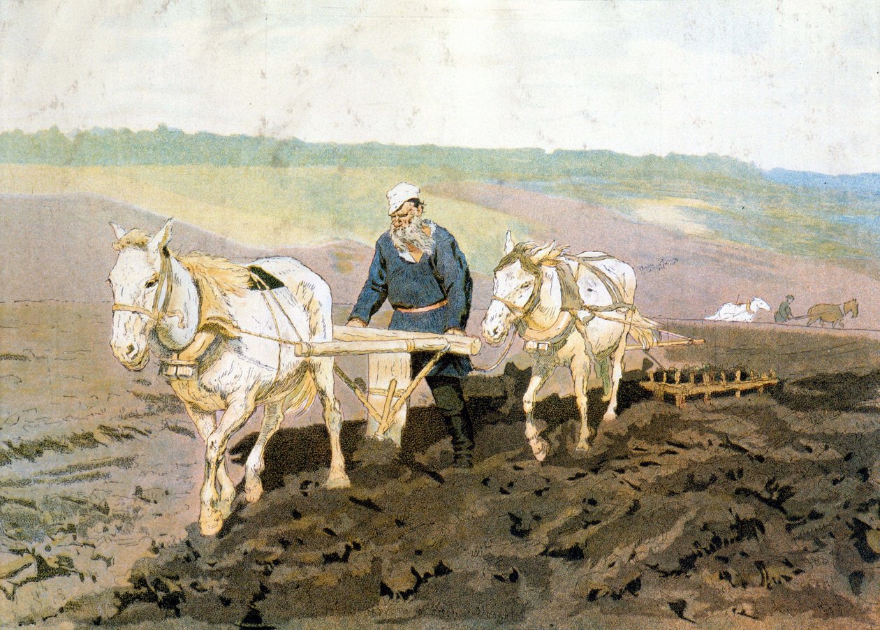 Count Tolstoy ploughing - according to Repine