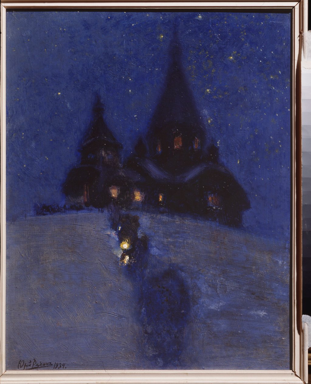 圣诞夜库奥卡拉（或俄罗斯列皮诺）的教堂。 尤里·伊里奇·列宾 (Yuri Ilyich Repin) (1877-1954) 的绘画，木板油画，约 1910 年。俄罗斯艺术，20 世纪。 I.列宾纪念博物馆佩纳特斯，圣彼得堡。 作者 伊利亚·叶菲莫维奇·列宾