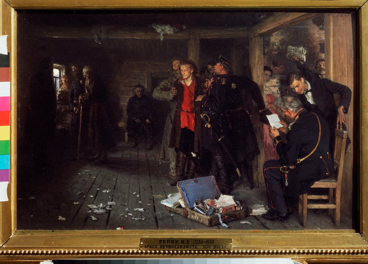 宣传员被捕伊利亚-列宾（Ilia Repine）（1844-1930 年）的作品，木板油画 作者 伊利亚·叶菲莫维奇·列宾