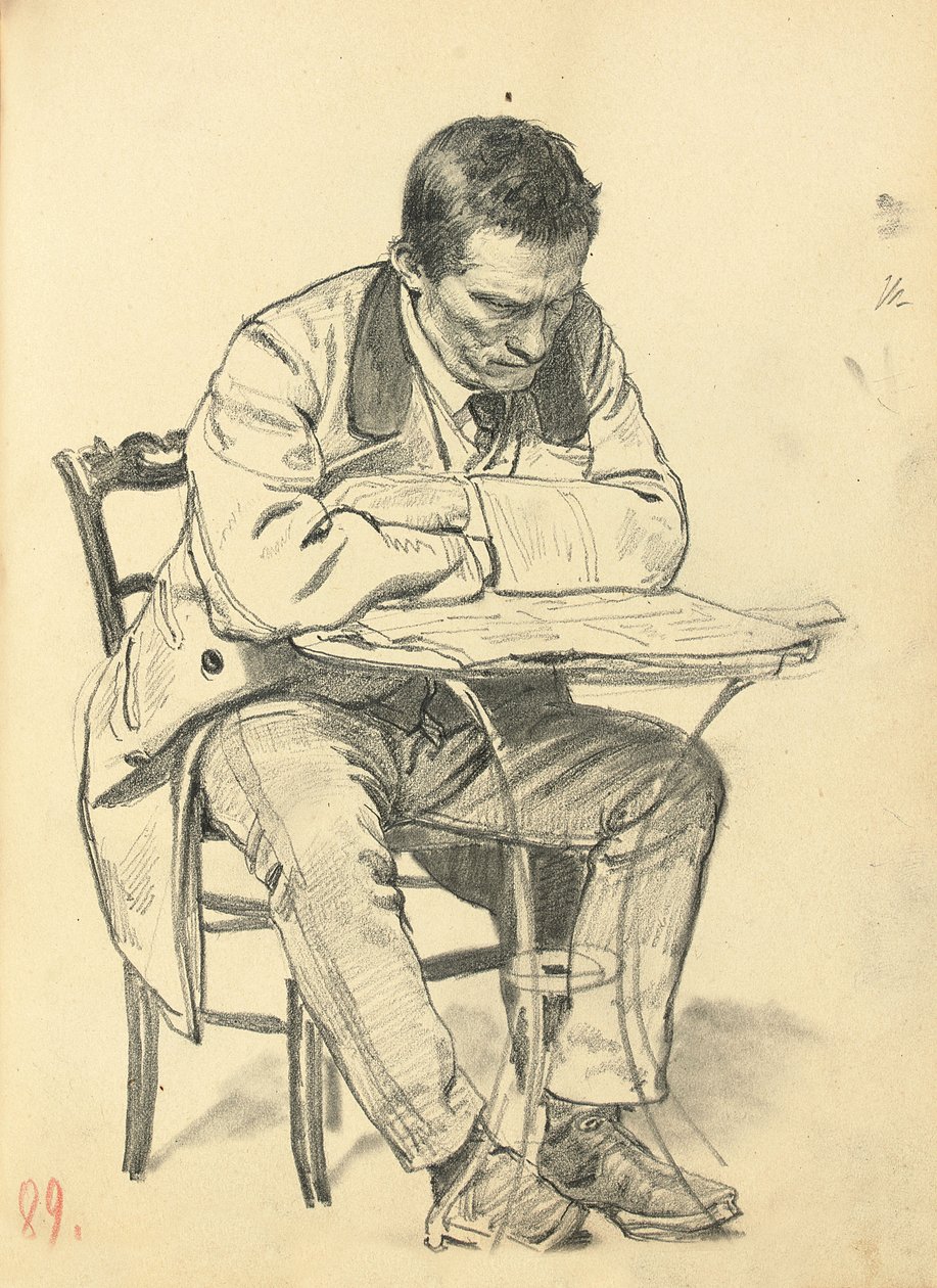 研究“巴黎咖啡馆”：坐在咖啡桌旁的人，看报纸，c。 1872-1875年 作者 伊利亚·叶菲莫维奇·列宾