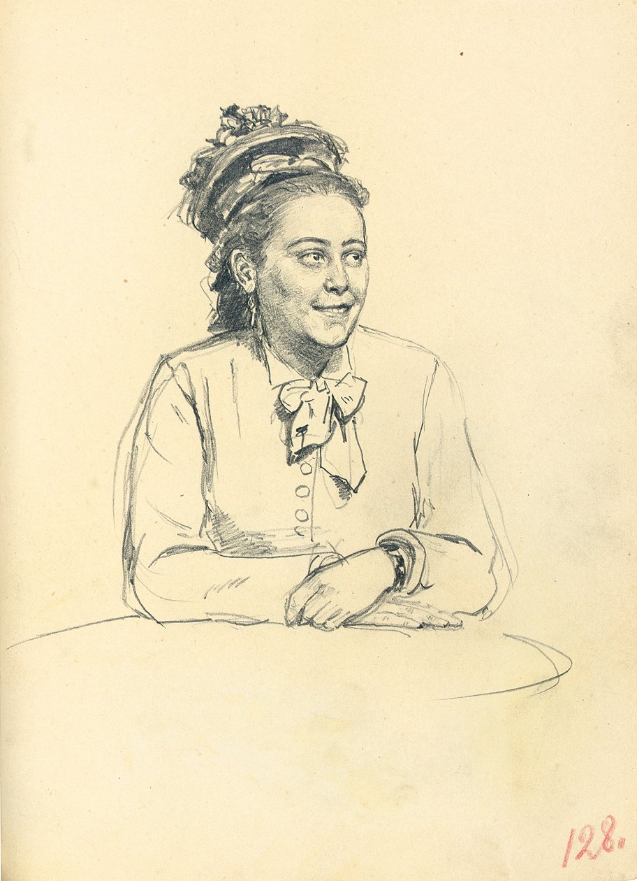 研究“巴黎咖啡馆”：坐着的女人，用弓和双手合十。 1872-1875年 作者 伊利亚·叶菲莫维奇·列宾