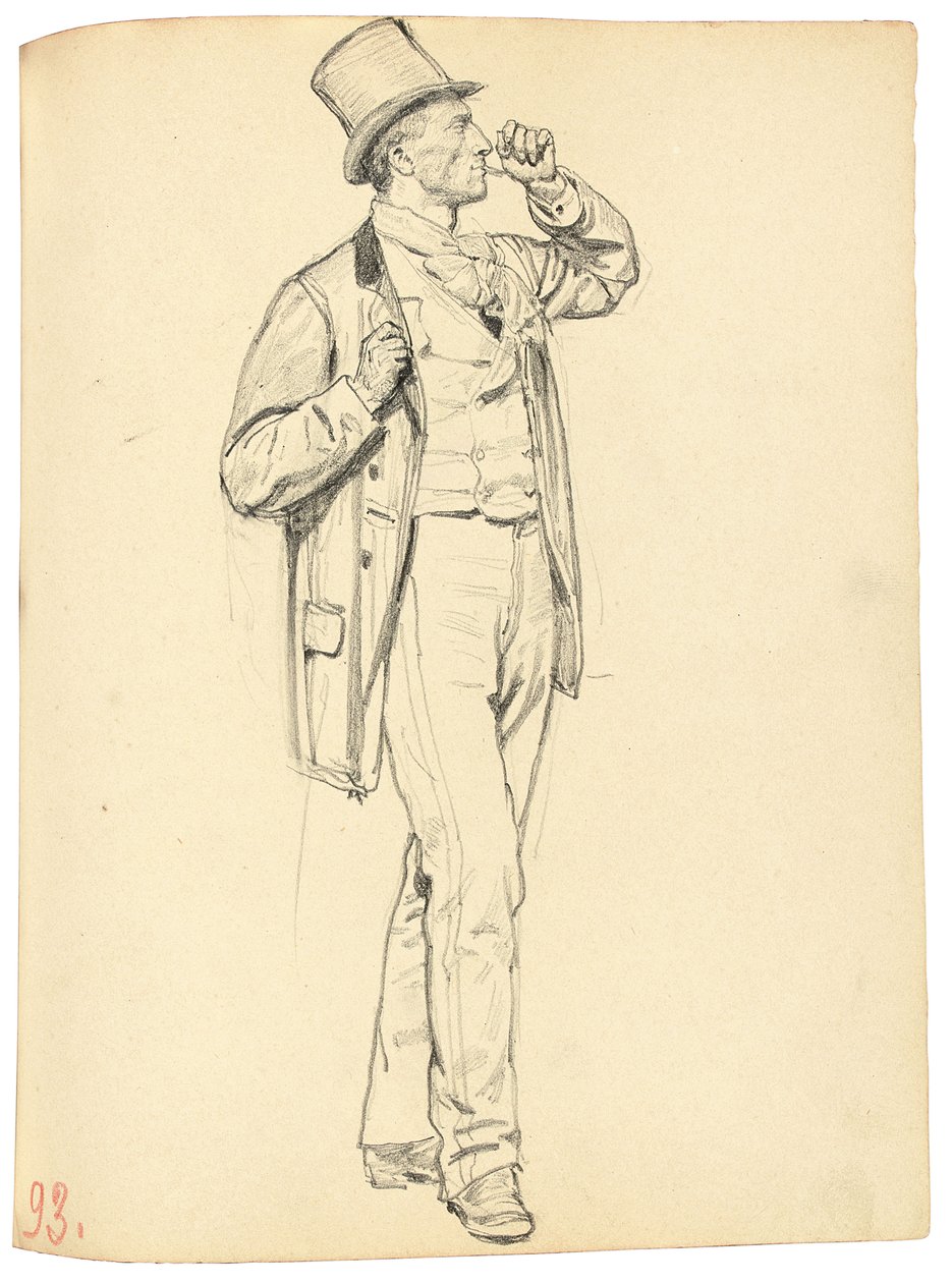 研究“巴黎咖啡馆”：举起手臂站立的人，c。 1872-1875年 作者 伊利亚·叶菲莫维奇·列宾