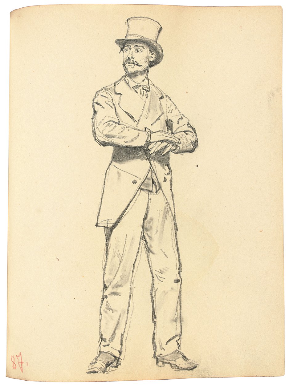 研究“巴黎咖啡馆”：戴帽子的站立的人，双腿分开，c。 1872-1875年 作者 伊利亚·叶菲莫维奇·列宾