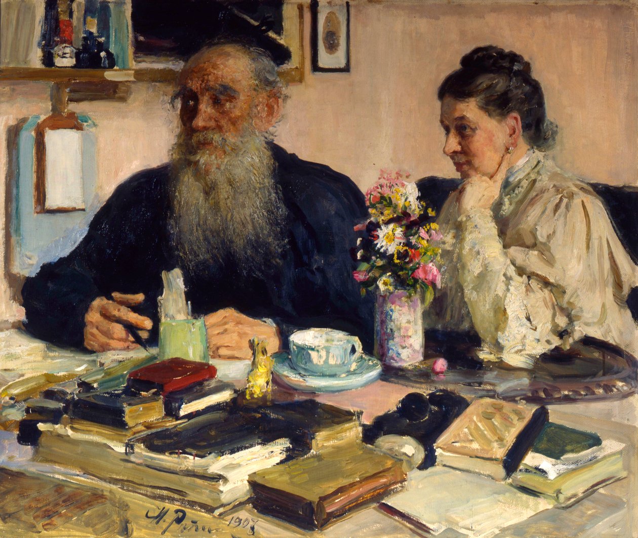 作家列夫-托尔斯泰和他的妻子在亚斯纳亚-波利亚纳》，1907年。   作者 伊利亚·叶菲莫维奇·列宾