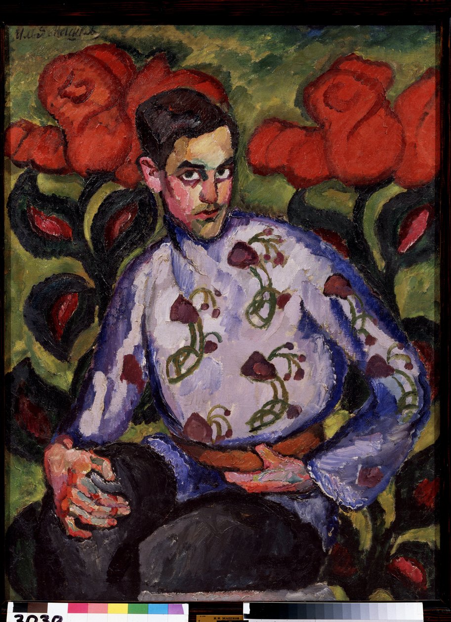 一个穿着花衬衫的年轻人的肖像（Portrait Of A Boy In A Shirt With Flowers）。 伊利亚·伊万诺维奇·马什科夫 (Ilia Machkov, Matchkov) (1881-1944) 绘画，布面油画 作者 伊利亚·伊万诺维奇·马什科夫