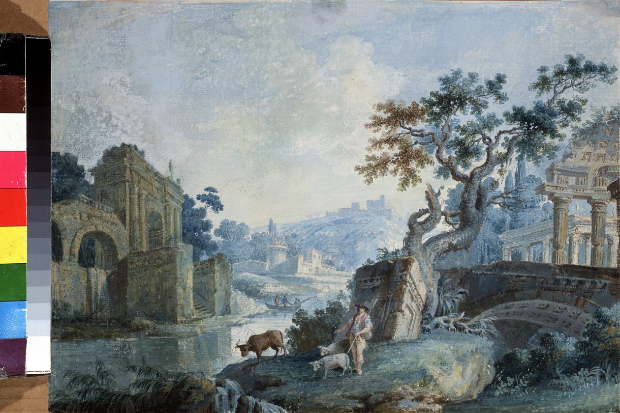 Paysage italien (Italian Landscape). Un berger mene ses betes boire a la riviere, ils sont entoures de ruines. A l
