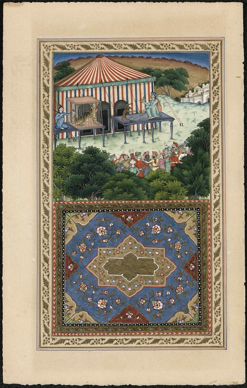 Le Singe et le Leopard The Monkey and the Leopard, 1837-1839. 作者 伊玛目·巴赫什·拉霍里（Imam Bakhsh Lahori）