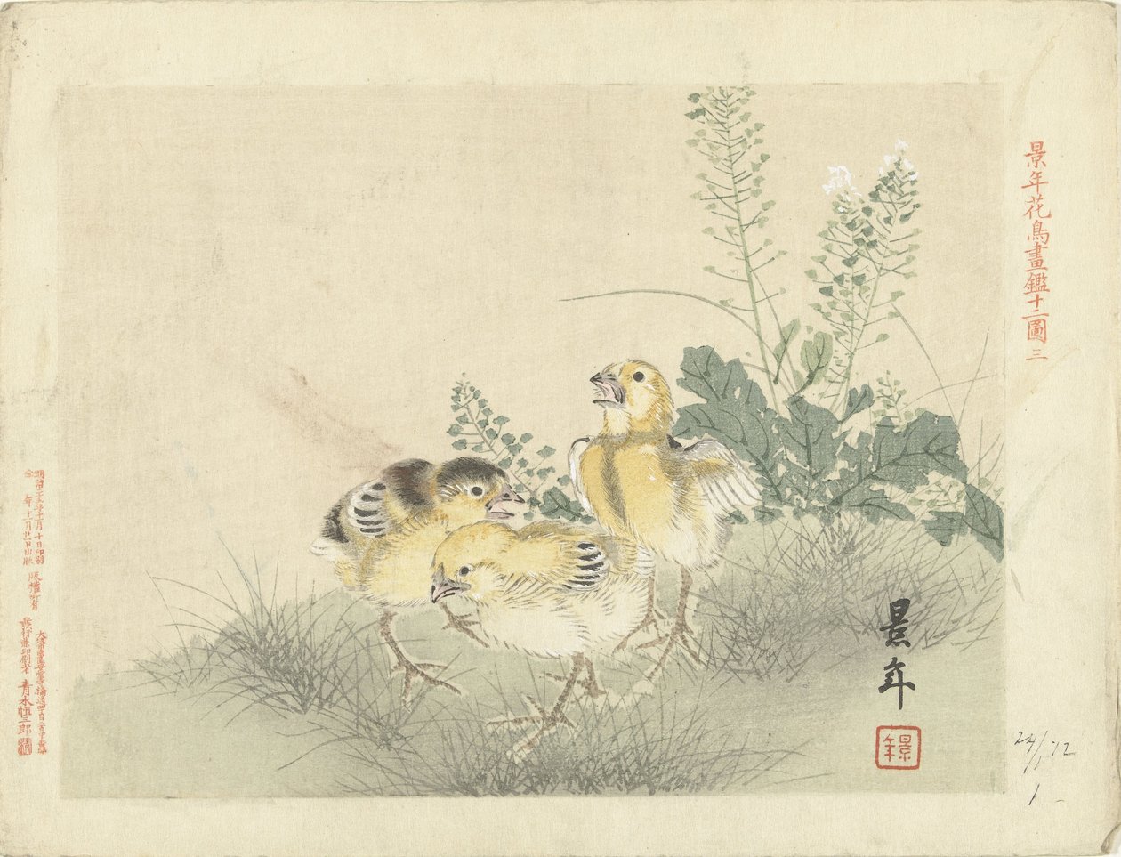三只小鸡
Keinen 的花鸟素描（系列标题）
Keinen kacho gafu（物体上的系列名称） 作者 今尾无