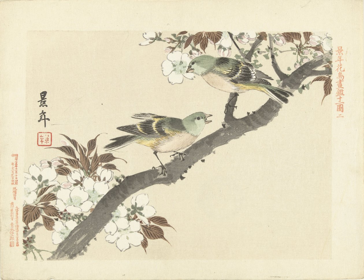 花枝上的两只绿鸟
Keinen 的花鸟素描（系列标题）
Keinen kacho gafu（物体上的系列名称） 作者 今尾无