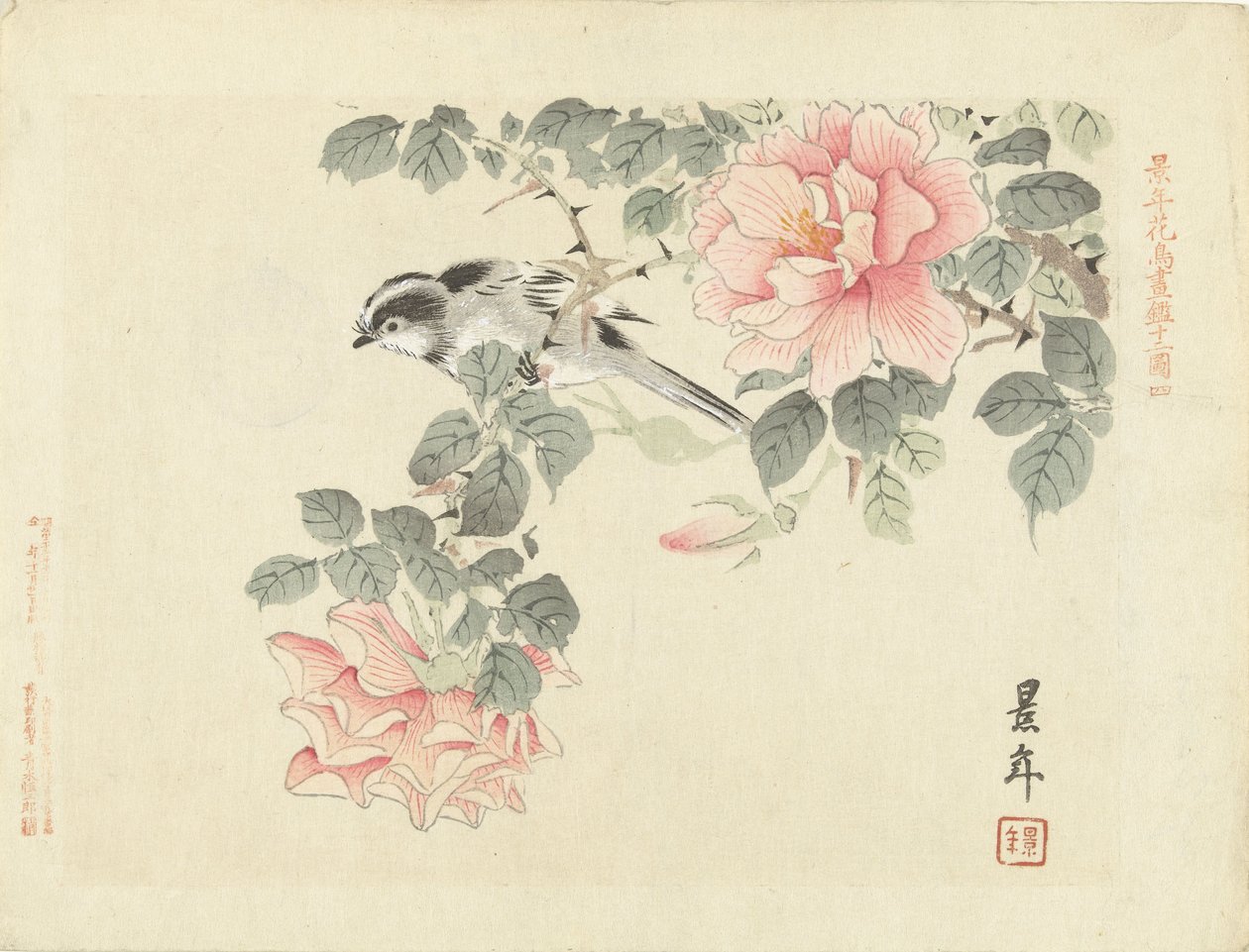 粉色玫瑰中的黑白小鸟
Keinen 的花鸟素描（系列标题）
Keinen kacho gafu（物体上的系列标题） 作者 今尾无