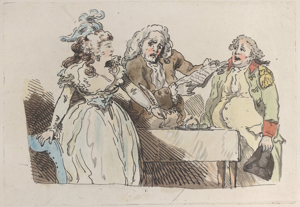 A young woman Heiress Prepares to Sign a Document, 1780-1800., 1780-1800. 作者 托马斯·罗兰森的模仿者。