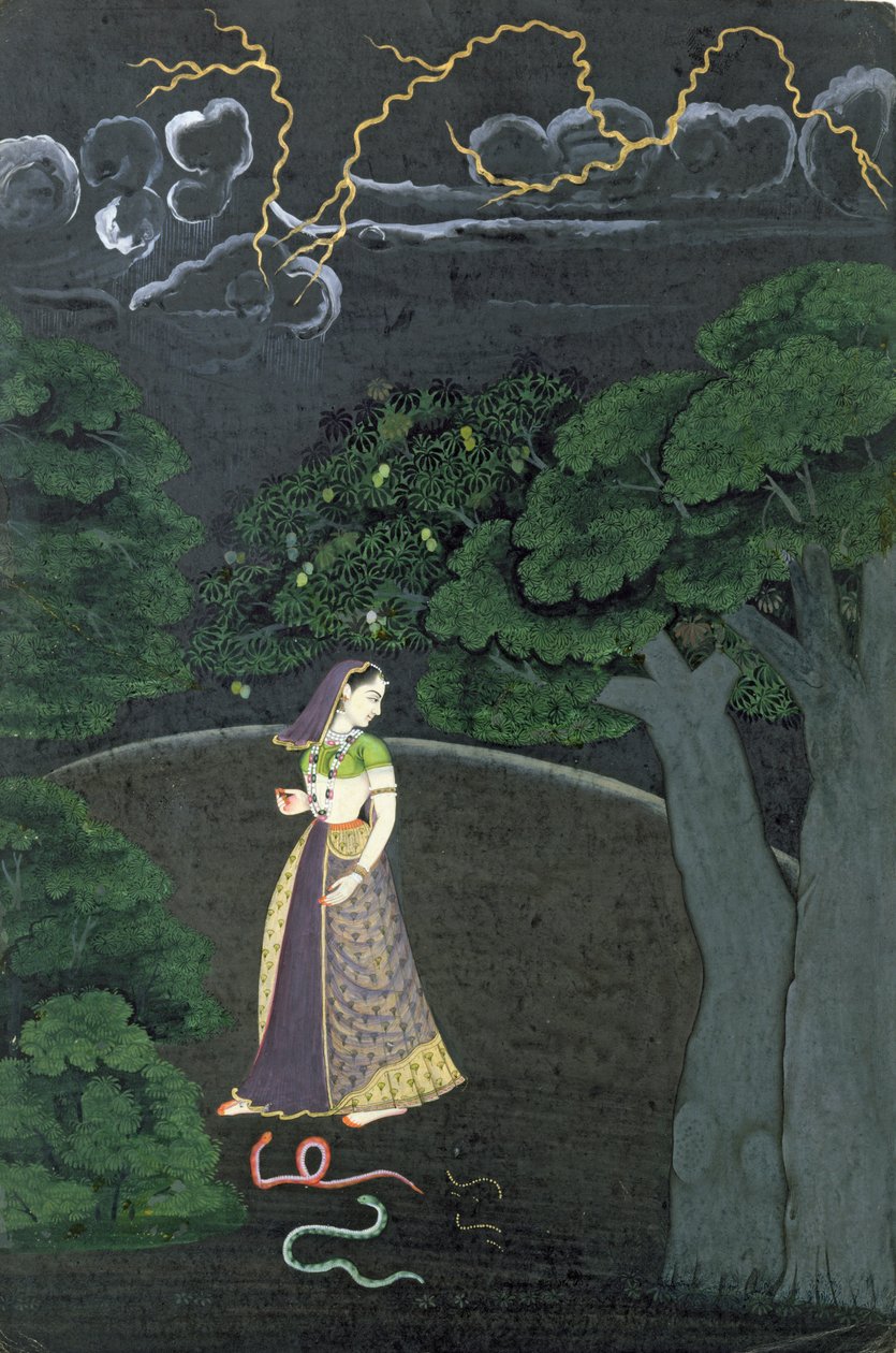 一位女士在去幽会的途中，Guler，1760 作者 印度学校