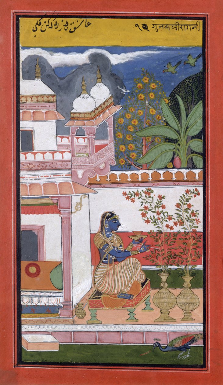 一位女士摘花盆，本迪，拉贾斯坦邦，拉其普特学校，c.1680， 作者 印度学校