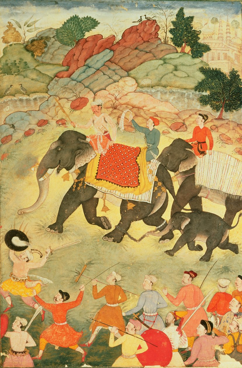 大象猎人派对，莫卧儿，1615年，（纸上的蛋彩画） 作者 印度学校