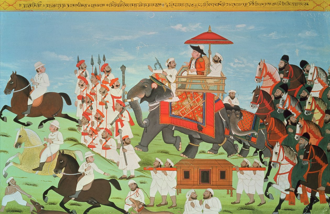 詹姆斯·托德上校乘坐大象穿过拉贾斯坦邦骑兵和Sepoys（水粉画）（另见82777） 作者 印度学校