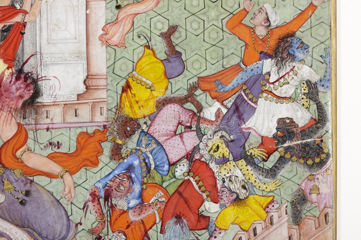 来自克里希纳的细节用他的铁饼劈开恶魔Narakasura，c.1585-90（不透明的wc＆黄金在纸上） 作者 印度学校