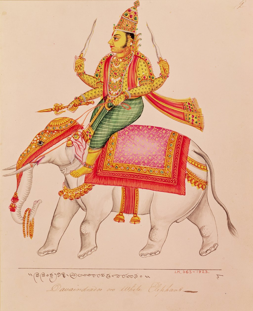 Indra，风暴之神，乘坐大象，1820-25 作者 印度学校