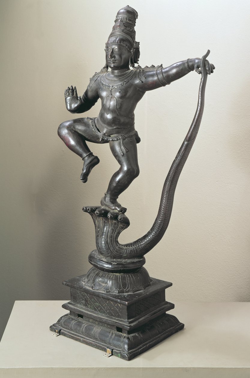 Krishna作为一个男孩制服蛇Kalilya，马德拉斯，16-17世纪（青铜） 作者 印度学校