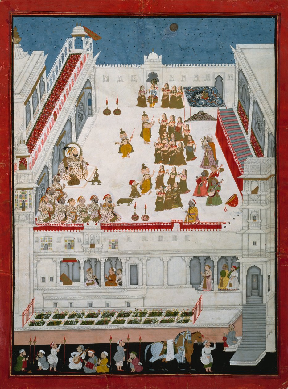 Maharana Jagat Singh II和贵族观看Raslila舞蹈剧，第1736-40页（不透明的wc和黄金在纸上） 作者 印度学校