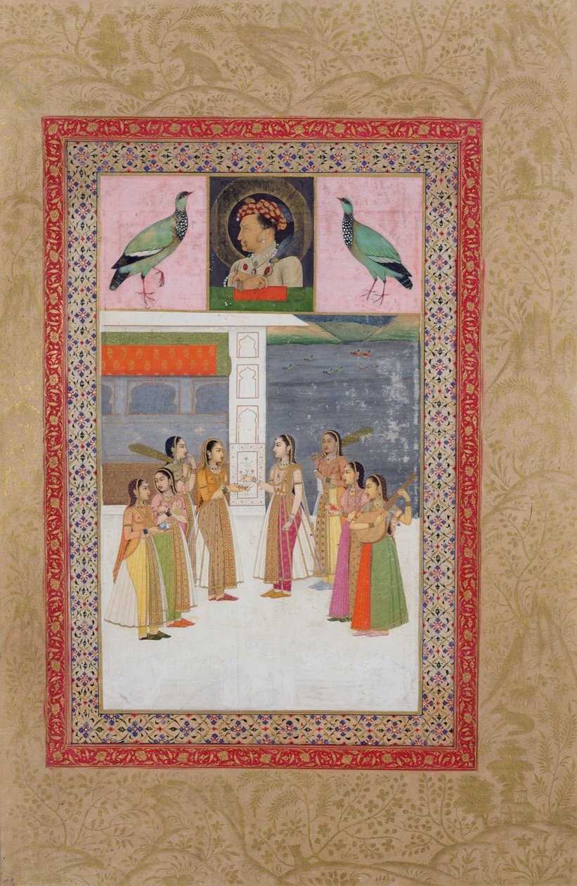 E-14女士画像Djahangir（1569-1627）两只鸟与贵族女性交谈 作者 印度学校