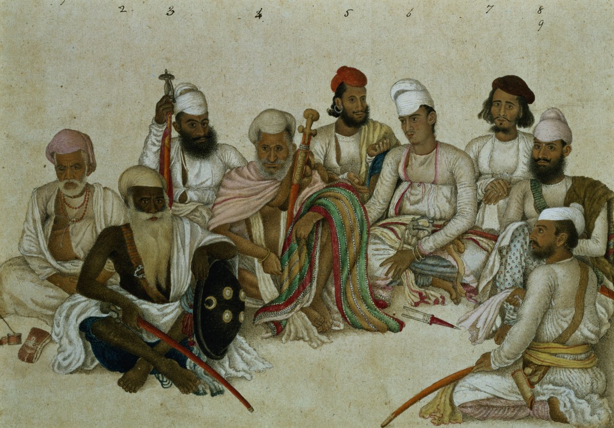 Raja Patiala的九名朝臣和仆人，1817年（纸上的铅笔和水粉） 作者 印度学校