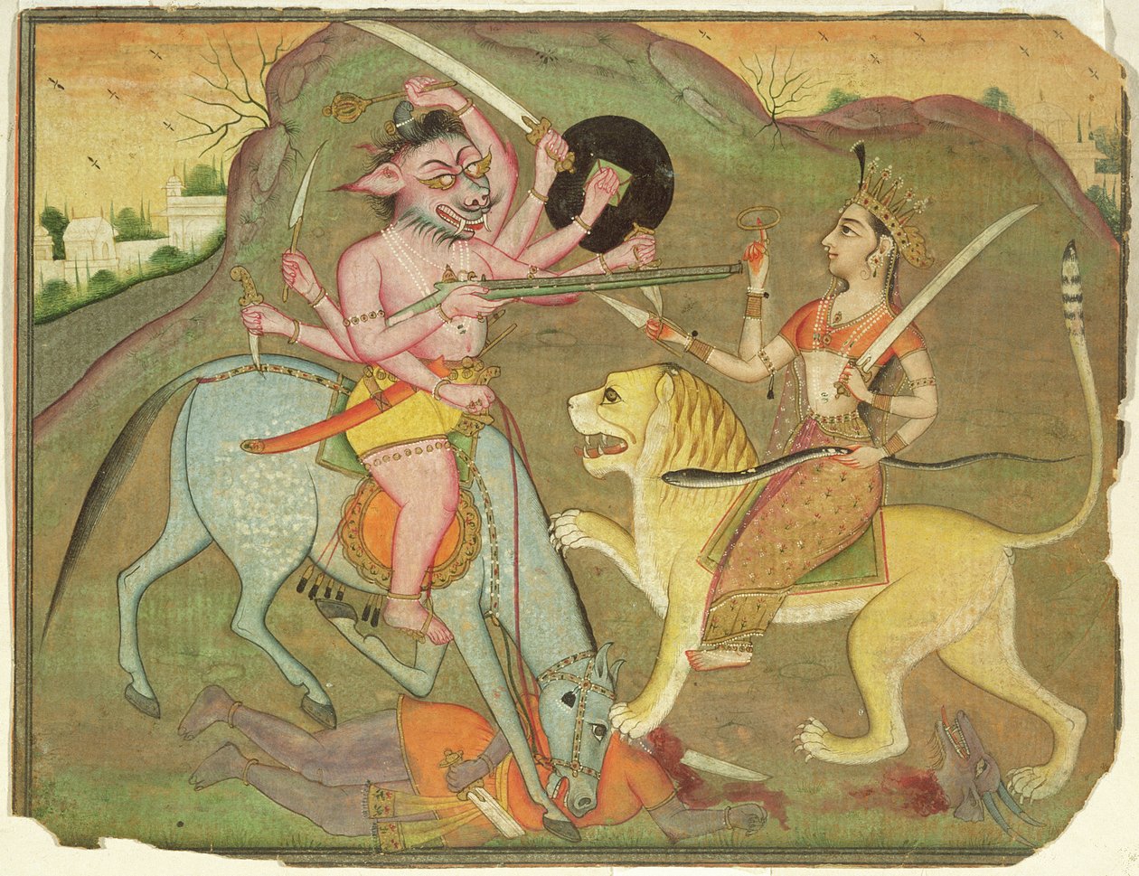 47.110/174 Durga 与 Mahishasura 的战斗，来自“Devi Mahatmya”的作品集，梵文，反面文字，比卡内尔，拉贾斯坦邦，拉杰普特学校 作者 印度学校
