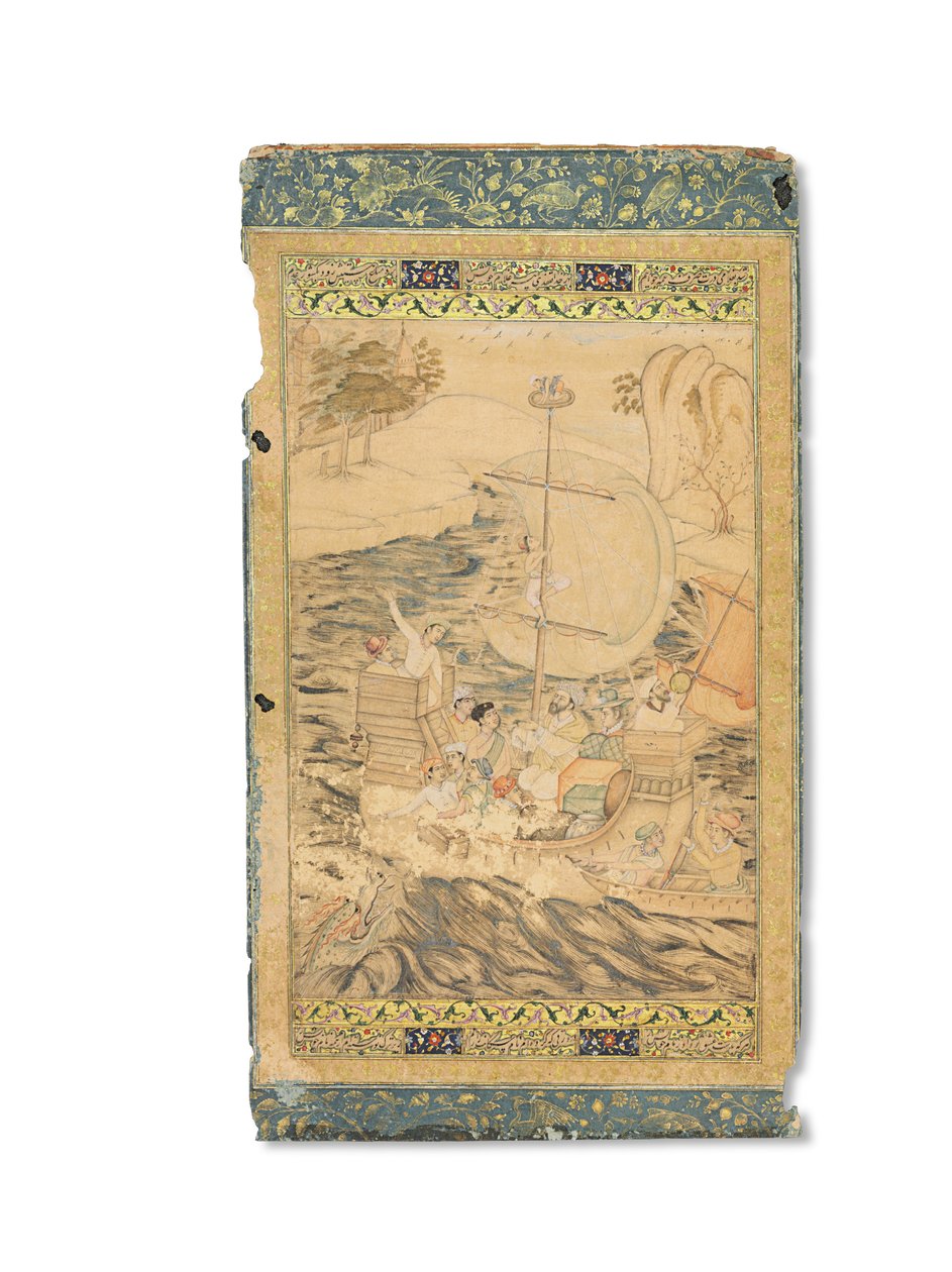 约1590年，印度莫卧儿受海怪袭击的一艘轻快帆船（纸上金色和银色加深的不透明颜料） 作者 印度学校