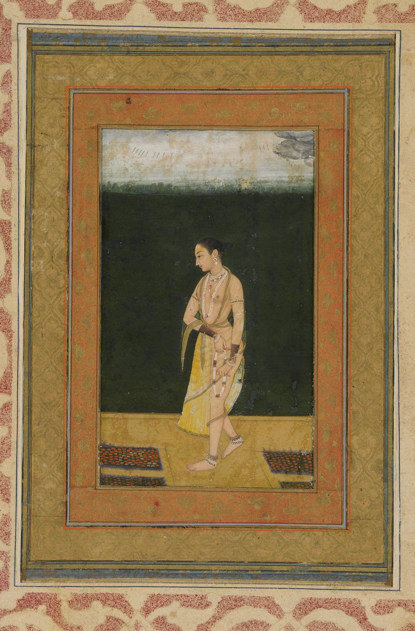 一位女士走进一个花园，专辑对开，画作，1730 作者 印度学校