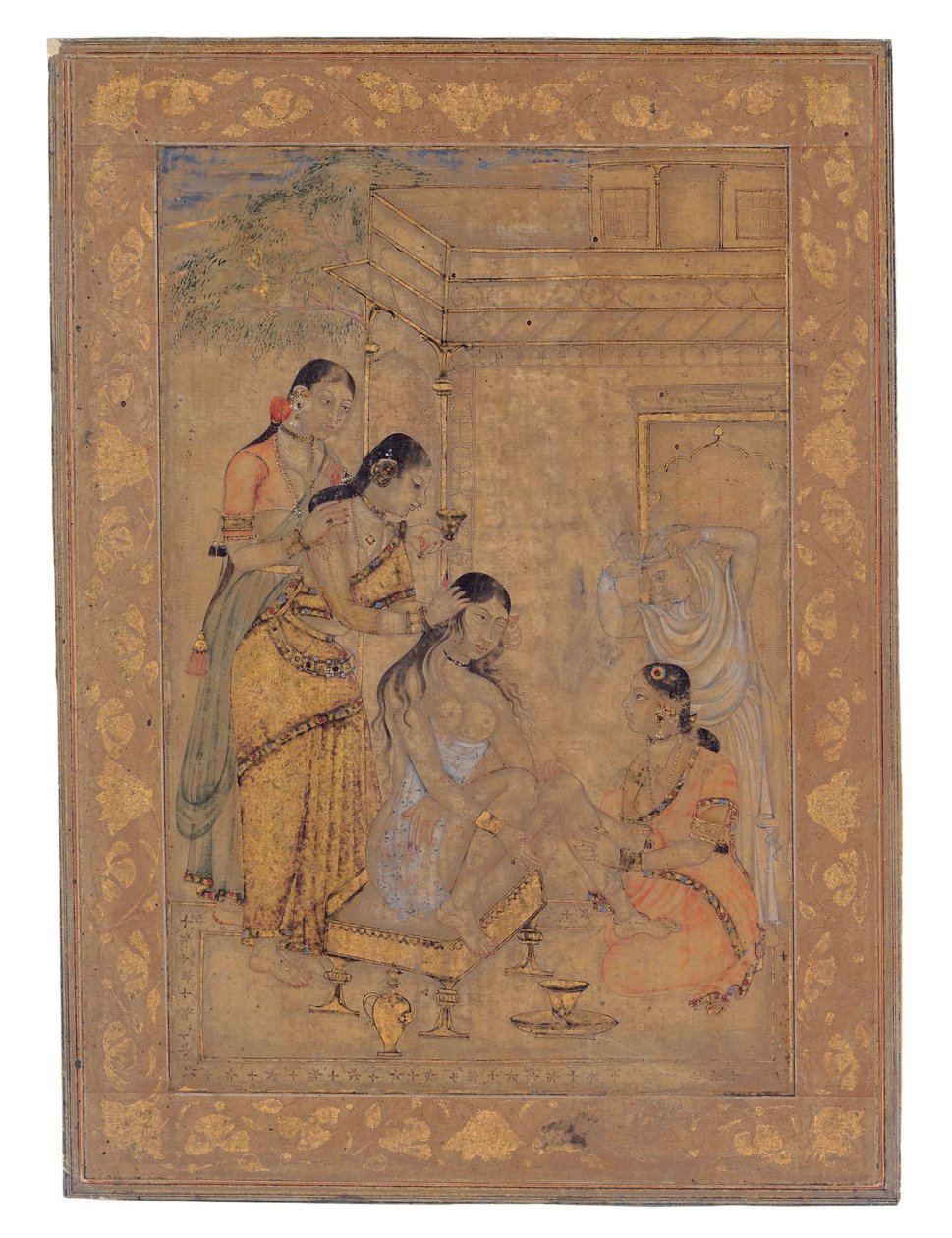 一个年轻女人的香水，1675-1700（不透明的wc和黄金在纸上） 作者 印度学校