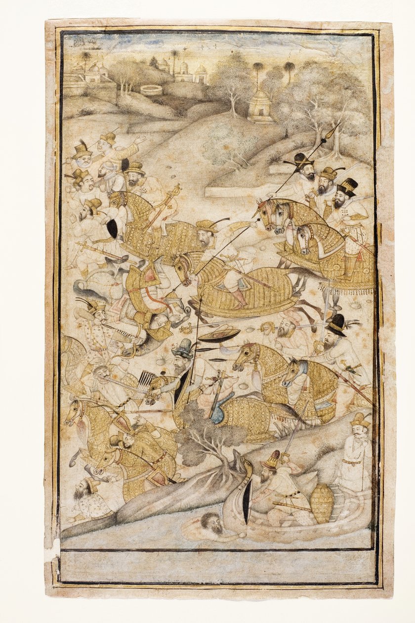欧洲人的战斗，1700年（不透明的wc和黄金在纸上） 作者 印度学校