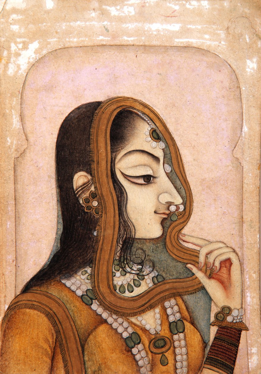 一个美丽的女人，由拱形框架，c.1800（不透明的wc和黄金在纸上） 作者 印度学校