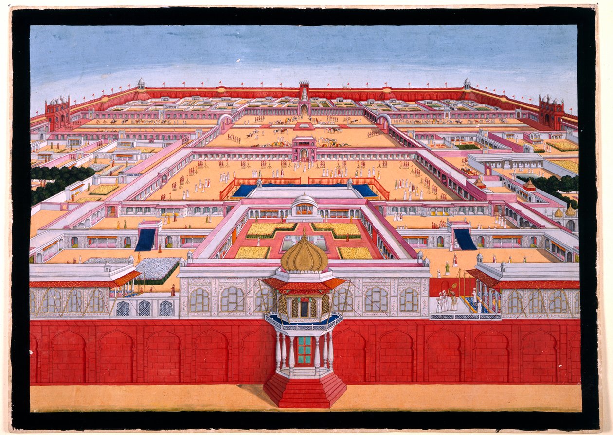 从东面鸟瞰德里红堡，显示一位皇帝，可能是沙-阿拉姆（1759-1806 年）进入右侧的 Diwan-i-Khas，约 1780-90 年（不透明水彩）) 作者 印度学校