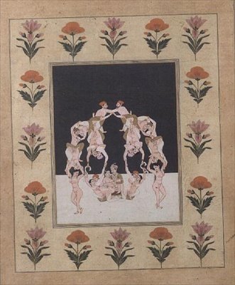 一对恋人坐在由其他缠绵的恋人组成的秋千上，约1830年（纸上水粉画） 作者 印度学校