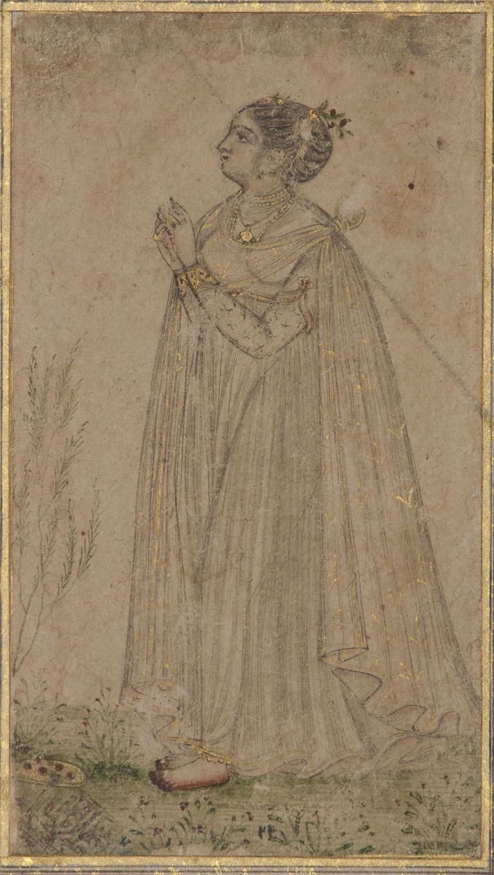 一位公主崇拜太阳，c.1600（不透明的wc和黄金在纸上） 作者 印度学校