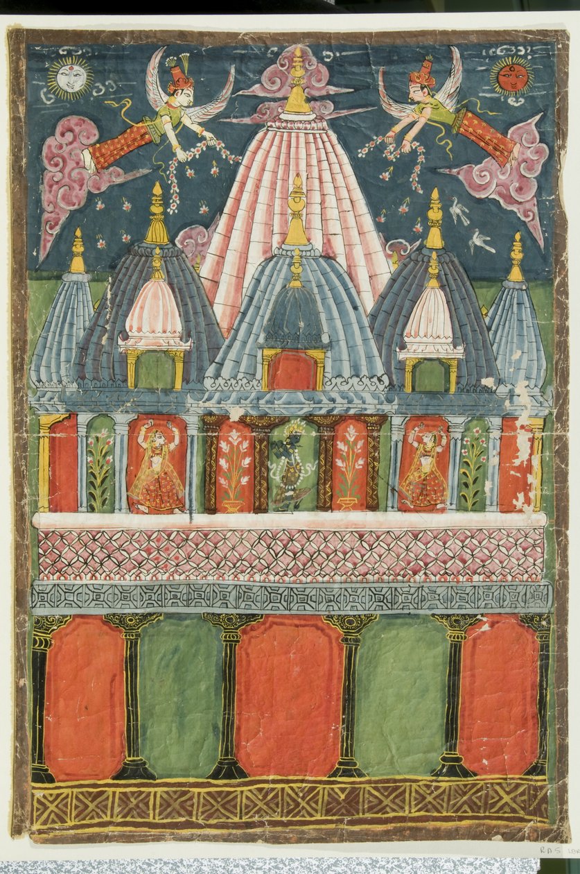 一座寺庙，里面有一个Venu-gopala-krishna的形象，两个舞女为神灵表演，1823年 作者 印度学校